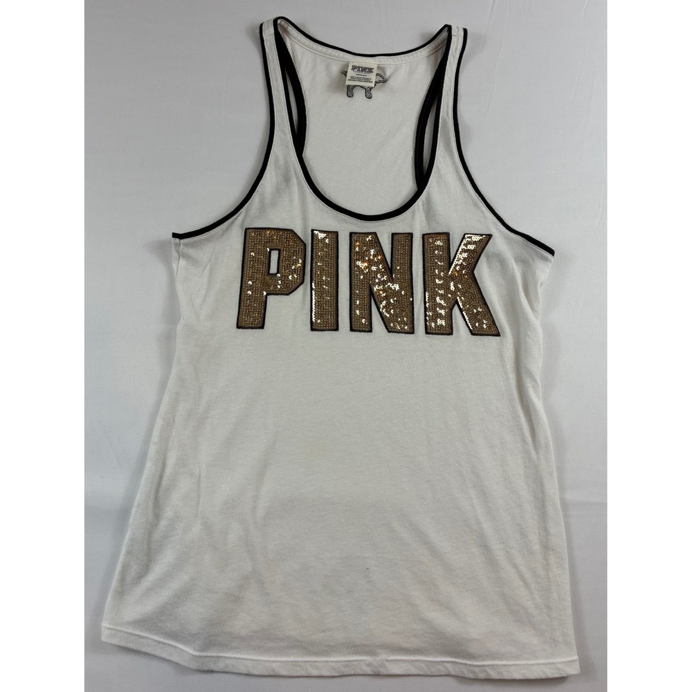 PINK Victoria's Secret Tank Top Women Medium White Gold Sequin Logo Racerback